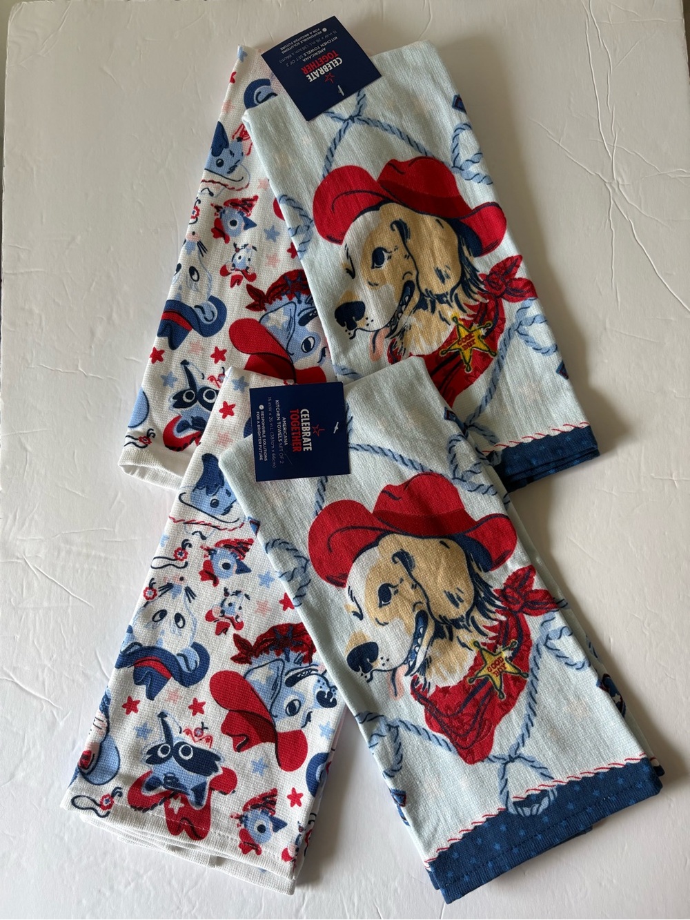 Kitchen Towels Americana Western Dog Animals Cats Cowboy Hats 2 Sets NEW - Picture 1 of 6